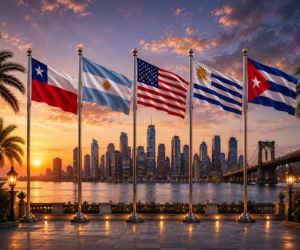 Flags and skyline representing America export markets