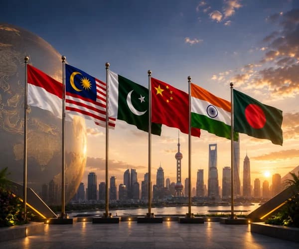 Flags and skyline representing Asia export markets