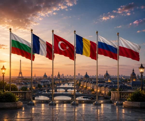 Flags and skyline representing Europe export markets